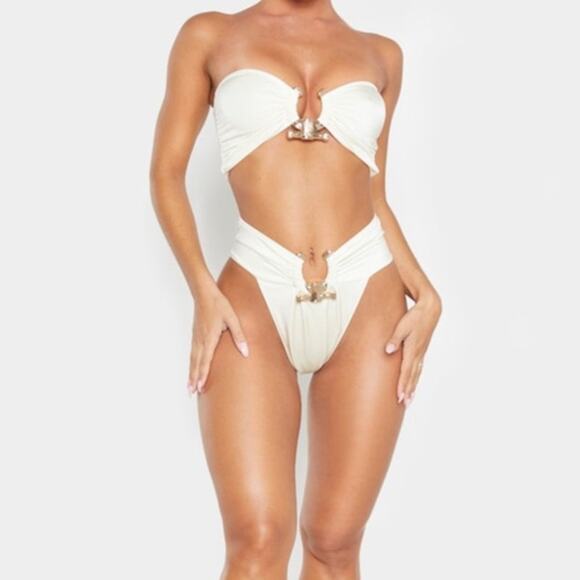 PrettyLittleThing Cream Hammered Trim Bandeau & High Waist Bikini 2-Piece Set - Picture 1 of 13